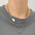 Bead & Tag Pendant Layered Stainless Steel Necklace Silver - One Size