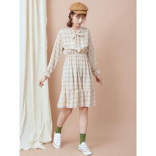 Plaid Long-sleeve A-line Dress Khaki - One Size