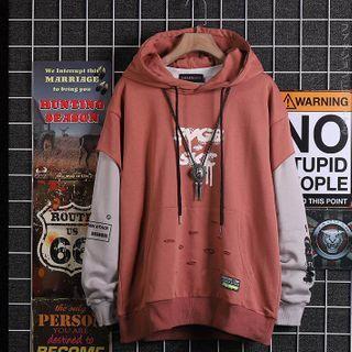 Mock Two-piece Distressed Lettering Hoodie