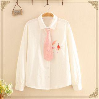 Cherry Blossom Embroidered Long-sleeve Shirt With Tie