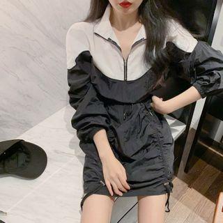 Half-zip Colorblock Drawstring Pullover Dress Black - One Size