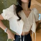 Set: V-neck Cropped Camisole Top + Puff-sleeve Lace Up Blouse