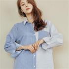 Color-block Stripe Shirtdress Blue - One Size