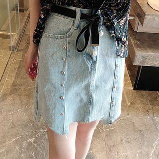Fray Hem Denim Skirt With Sash
