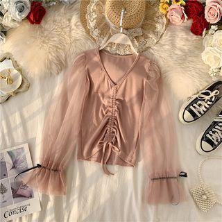 Long-sleeve Drawstring Mesh-panel Top