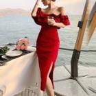 Off-shoulder Ruffle Side-slit Sheath Dress