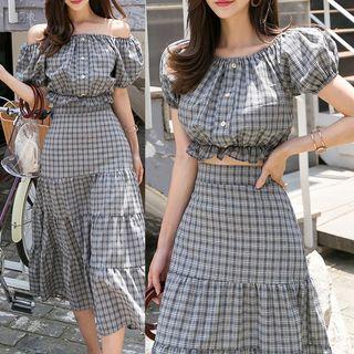 Set: Plaid Short-sleeve Top + Plaid Midi A-line Skirt
