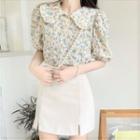Puff-sleeve Floral Blouse / Plain Slit Mini Pencil Skirt