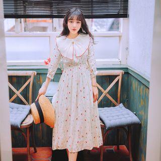 Floral Embroidered Bow Collar A-line Dress