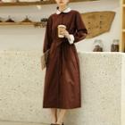 Long-sleeve Color Block Buttoned A-line Midi Dress Brown - One Size