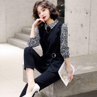 Set: Long-sleeve Floral Panel Blouse + Straight Leg Pants
