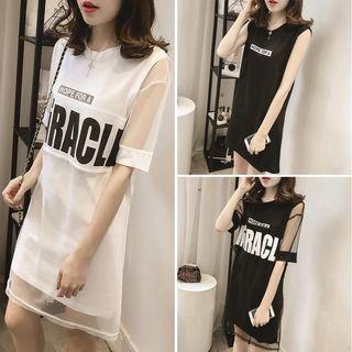 Set: Lettering Short-sleeve Mesh Dress + Tank Dress