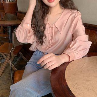 Long-sleeve Collared Tie Neck Blouse