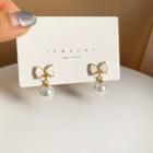 Sterling Silver Ribbon Faux Pearl Drop Earring 1 Pair - Gold & White - One Size