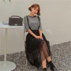 Set: Striped T-shirt + Lace-strap Tulle-overlay Skirt Black - One Size