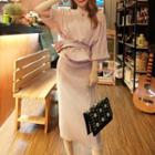 Set: 3/4-sleeve Top + Midi Fitted Skirt Pink - One Size