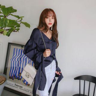 V-neck Bishop-sleeve Satin Blouse