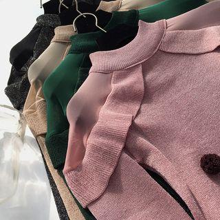 Mesh Panel Frill Trim Mock-neck Knit Top