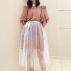 Set: Off-shoulder A-line Dress + Mesh Midi Skirt