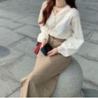V-neck Lace Plain Blouse / A-line Slit Skirt