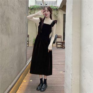 Set: Frill Trim Velvet Midi A-line Overall Dress + Mock-neck Top