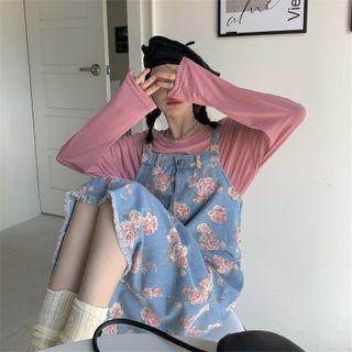 Long-sleeve Plain T-shirt / Floral Denim Midi Overall Dress