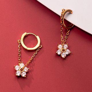 Flower Rhinestone Chained Sterling Silver Dangle Earring