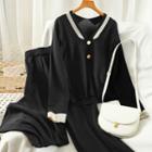 Set: Long-sleeve V-neck Knit Top + Wide-leg Pants Black - One Size