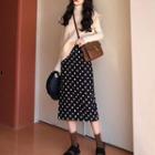 Set: Turtleneck Top + Knit Vest + Dotted Midi Skirt