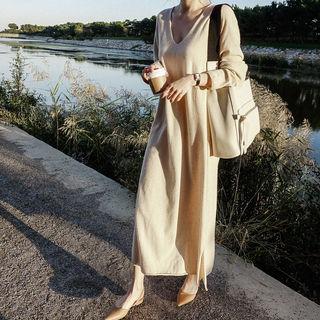 V-neck Wool Blend Maxi Knit Dress Beige - One Size