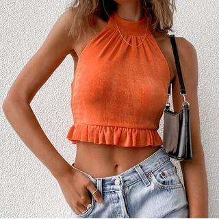 Halter-neck Ruffle Trim Ruched Top