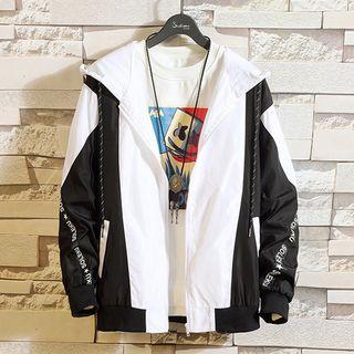 Lettering Color Block Cat Print Hooded Zip Jacket