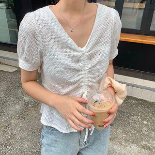 V-neck Plain Drawstring Top White - One Size