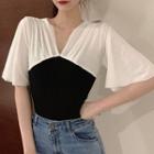 Two-tone Panel Short-sleeve V-neck Knit Top