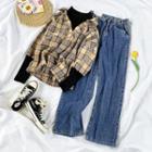 Mock-neck Plaid Shirt / Wide Leg Jeans