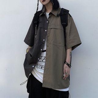 Elbow-sleeve Two Tone Shirt Dark Brownish Gray & Black - One Size