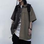 Elbow-sleeve Two Tone Shirt Dark Brownish Gray & Black - One Size