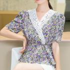 Short-sleeve Floral Print Ruffled Top