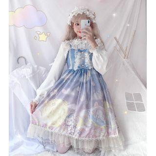 Frilled Trim Blouse / Printed Spaghetti Strap A-line Dress