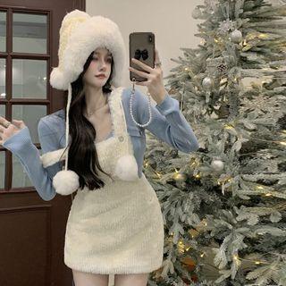 Long-sleeve Knit Top / Mini Sheath Overall Dress / Button Jacket