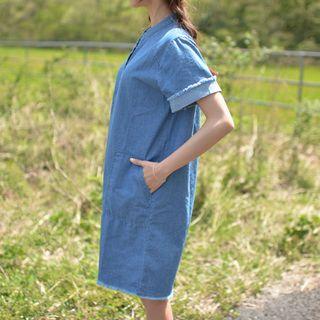 Fray-edge Half-placket Denim Dress