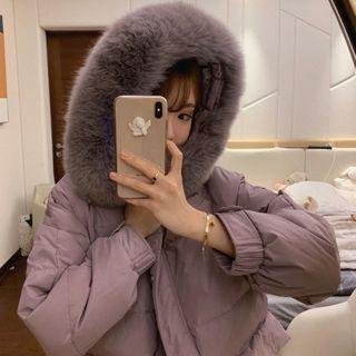 Furry Trim Hooded Padded Jacket / Short-sleeve T-shirt