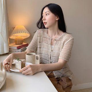 Short-sleeve Perforated Knit Top As Shown In Figure - One Size