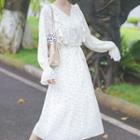 Flower Print Ruffle Trim Long-sleeve Midi A-line Dress