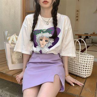 Cartoon Print T-shirt / Mini A-line Skirt