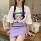 Cartoon Print T-shirt / Mini A-line Skirt