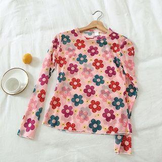 Flower Printed Mesh Long-sleeve Top