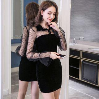 Long-sleeve Mesh Panel Collared Mini Bodycon Velvet Dress