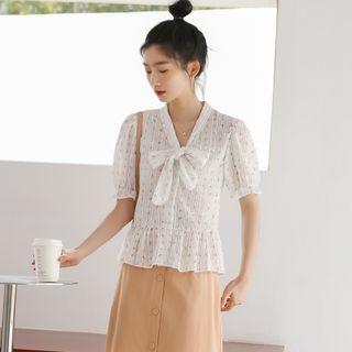 Short-sleeve Flower Print Bow Accent Blouse