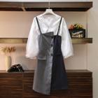 Balloon-sleeve Mesh Blouse / Asymmetric Pinstriped Pinafore Dress